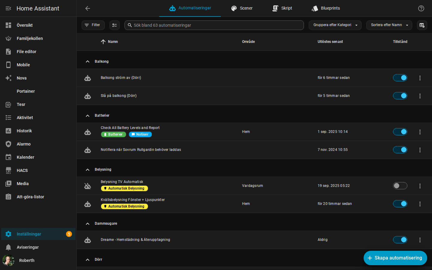 Home Assistant automations list, managed by the agent